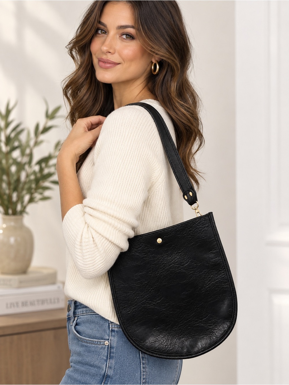 Ah-Dorned Black Vegan Leather U-Shaped Shoulder Bag Gold Hardware